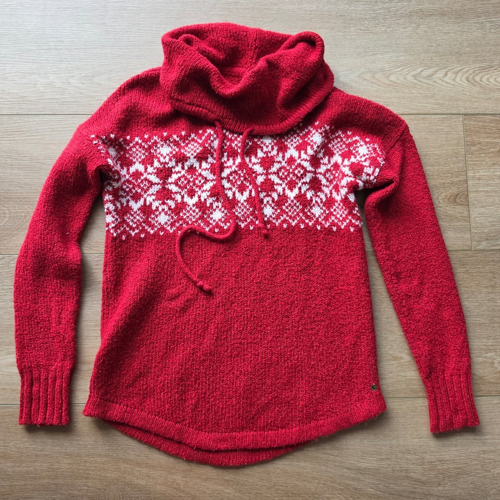 Eddie Bauer Red Fair Isle Cowl Neck Sweater Snowflake Knit Pullover